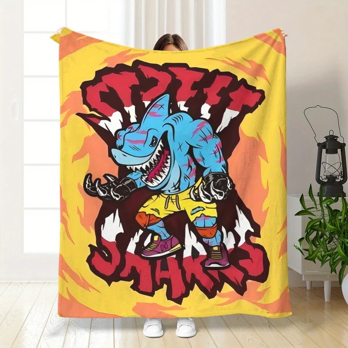 Shark cartoon-themed pattern Flannel printed blanket suitable for all seasons suitable for living room office sofa and travel