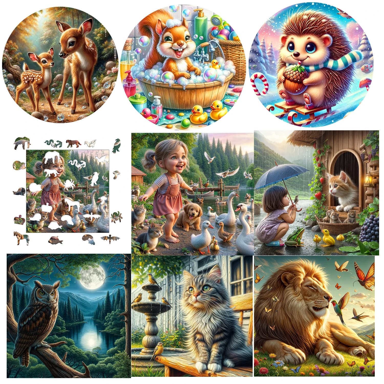 Creative Lion Cat Deer Squirrel Hedgehog Animal Wooden Puzzle Creative Handmade Decoration Festival Gift