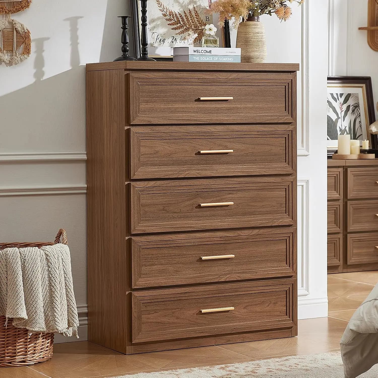 Bedroom Dresser 5 Drawer 45" Tall Gold Handle Closet Storage, Customized