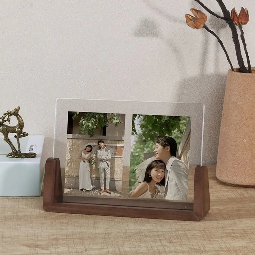 Display Rack Acrylic Photo Frame U Shape Transparent Wood Pictures Frame Walnut/Beech Creative Shooting Photo Props