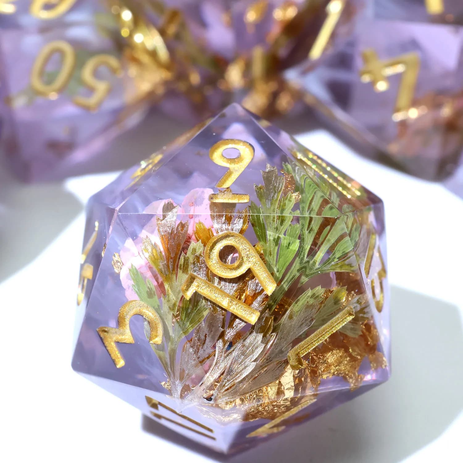Handmade Resin DND Dice Set,Smoky Purple & White Polyhedral RPG Dice with Leaf Fantasy for Dungeons and Dragons Board Games-N49