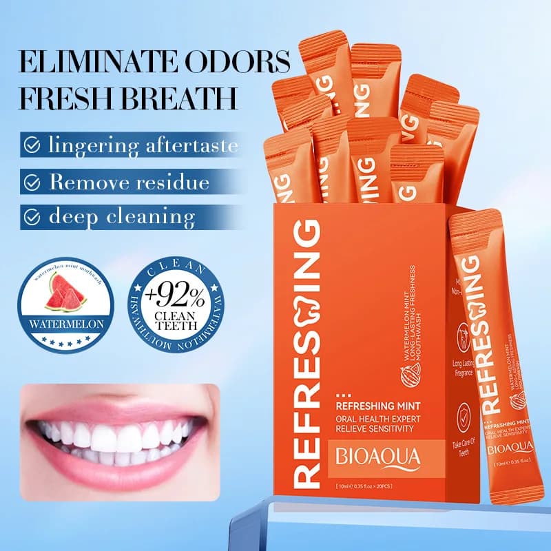 Lemon bleaching to refresh the breath and clean the residues between the teeth, refreshing mouthwashing for oral hygiene.