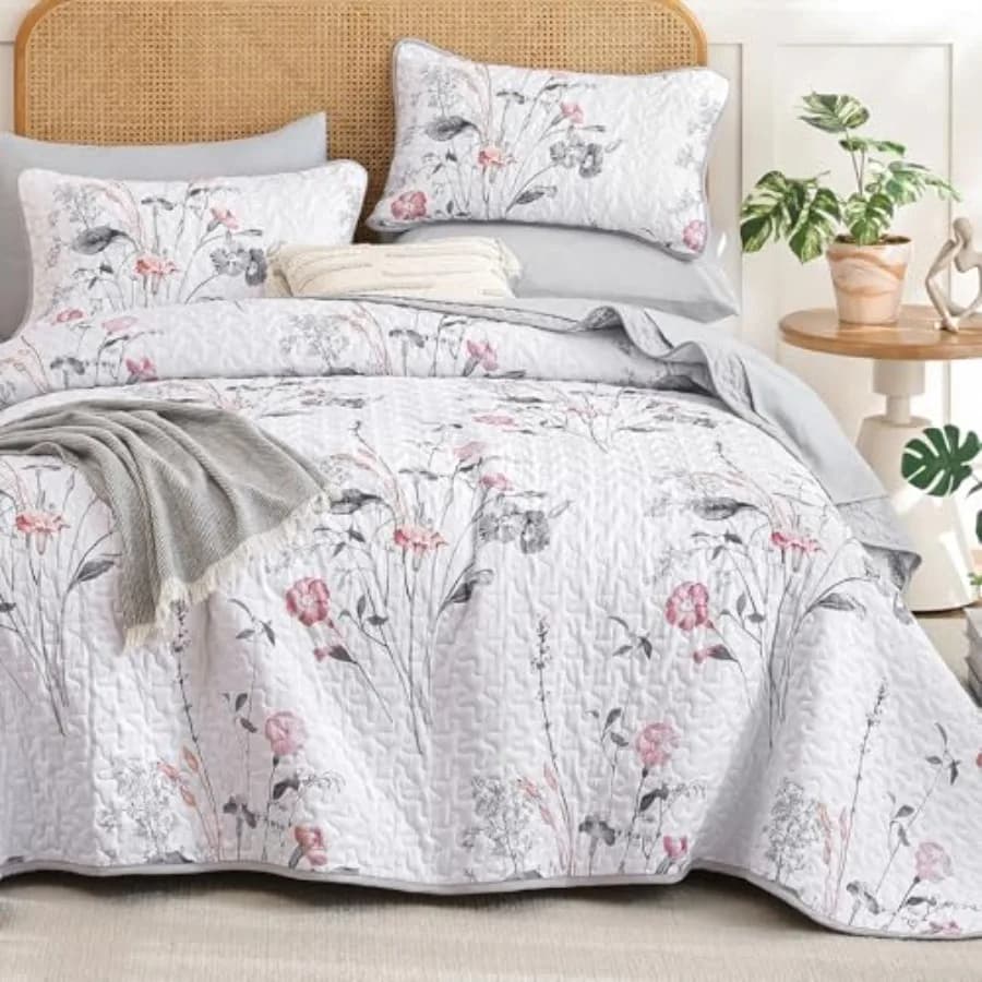 Set Copriletto Floreale 3 Pezzi Grigio con Motivo Piante Botaniche, Set Copriletto con 2 Federe, Morbido e Leggero in Microfibra