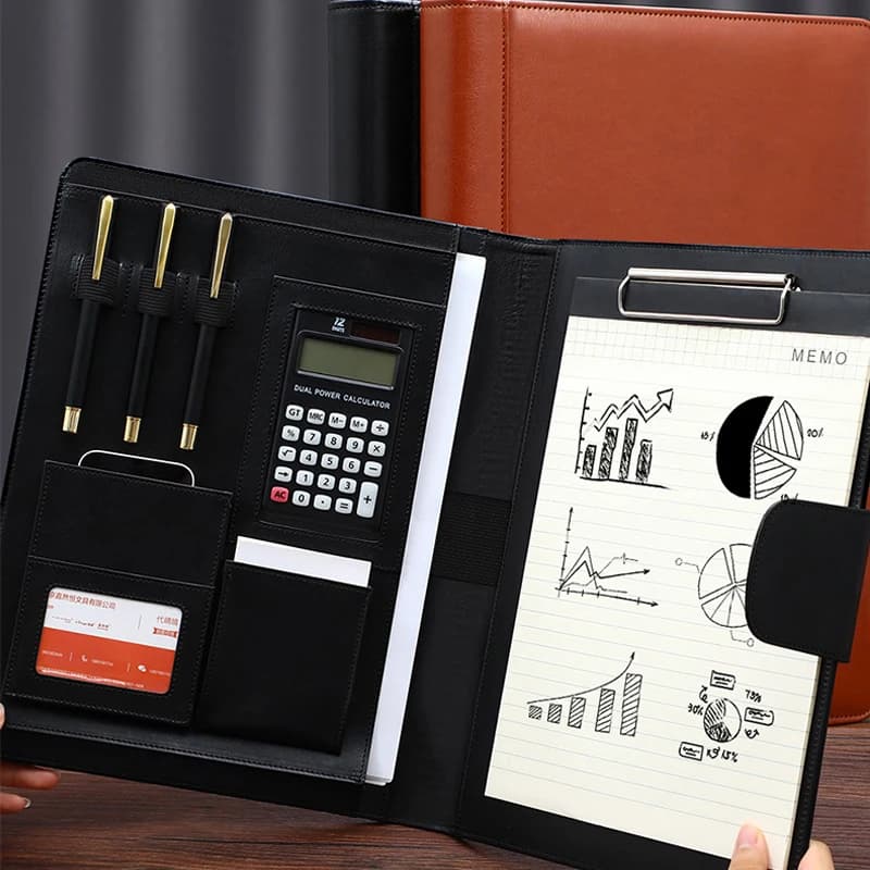 Cartella portfolio in pelle esecutiva A4 Organizzatore di file per documenti Uomo Valigetta da lavoro Appunti con calcolatrice per ufficio
