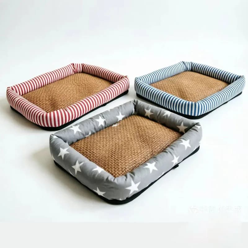 Striped Dog Bed, Cool Rattan Cat Bed for Summer, Non-Slip and Easy to Clean Pet Bed