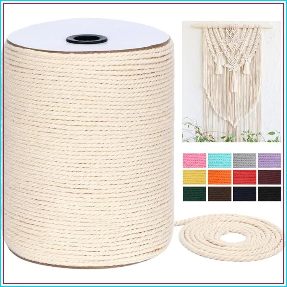 4mm x 328Yds Natural Cotton Macrame Cord, 3 Strands Twisted Rope for Wall Hanging, Plant Hangers, Crafts, Gift Wrapping