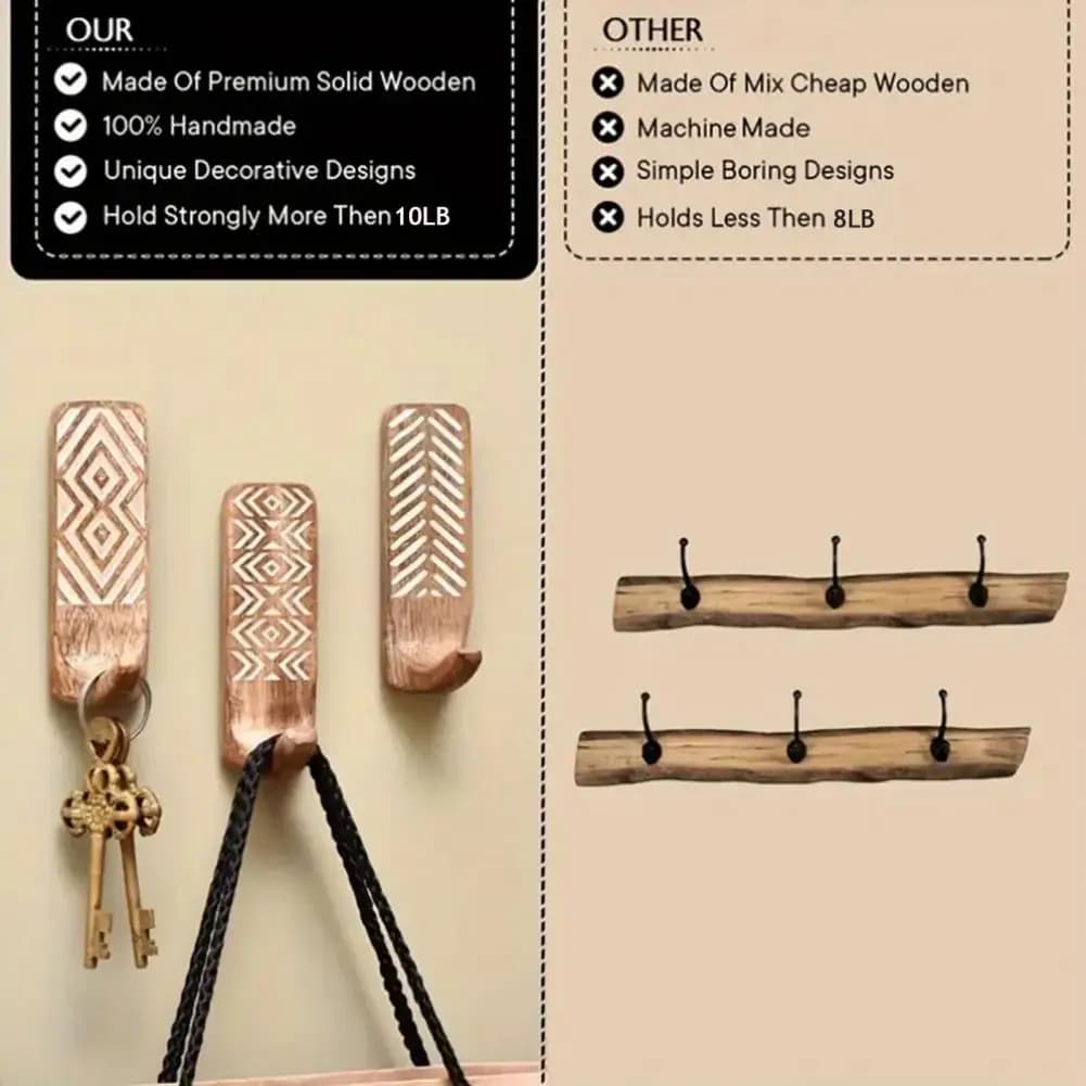 Wooden Wall Hook Warm Wood Touch Hook 3pcs Thickened Pure Wood Wall Hooks with Metal Reinforcements Heavy Duty Coat for Home