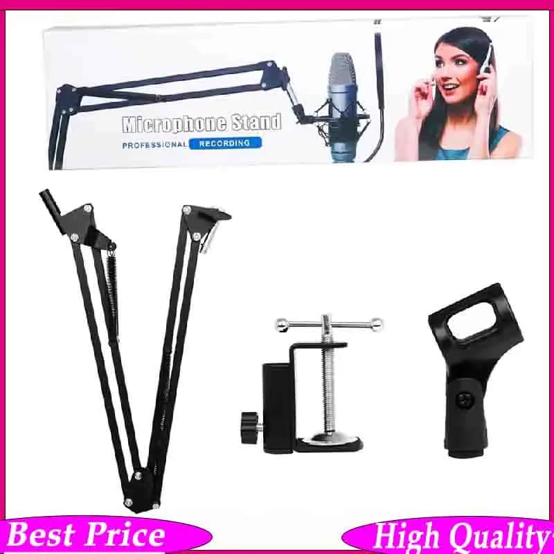 Adjustable Desktop Microphone Cantilever Stand – Black Metal Tripod Base with Mic Clip Holder