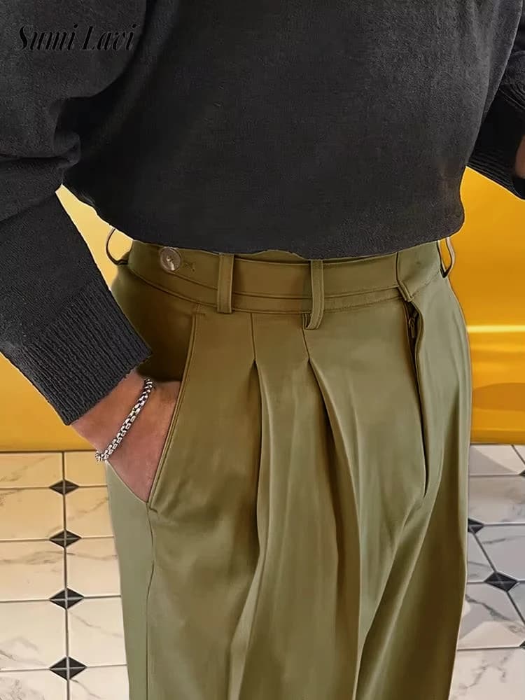 Pantaloni da abito da uomo moda streetwear 2025 primavera estate pantaloni dritti larghi casual da uomo pantaloni a vita alta con cintura solida vintage