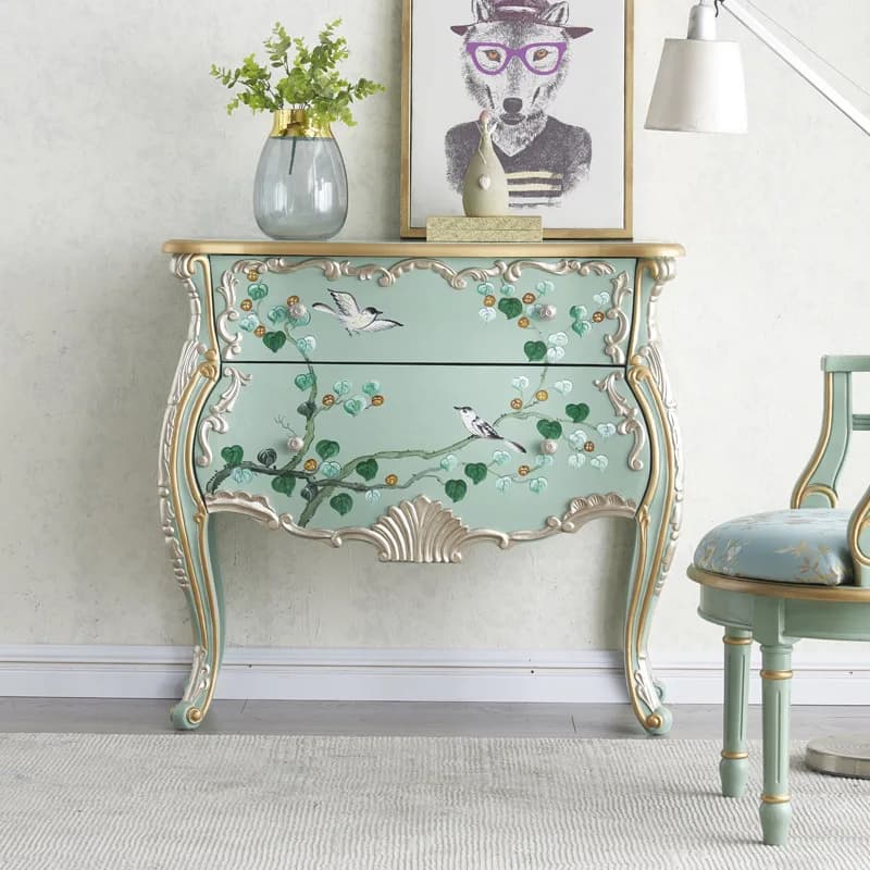 Elegante Consolle in Stile Provinciale Francese, Credenza Artigianale con Decorazioni Floreali, Gambe Curve e Finiture Ornamentali