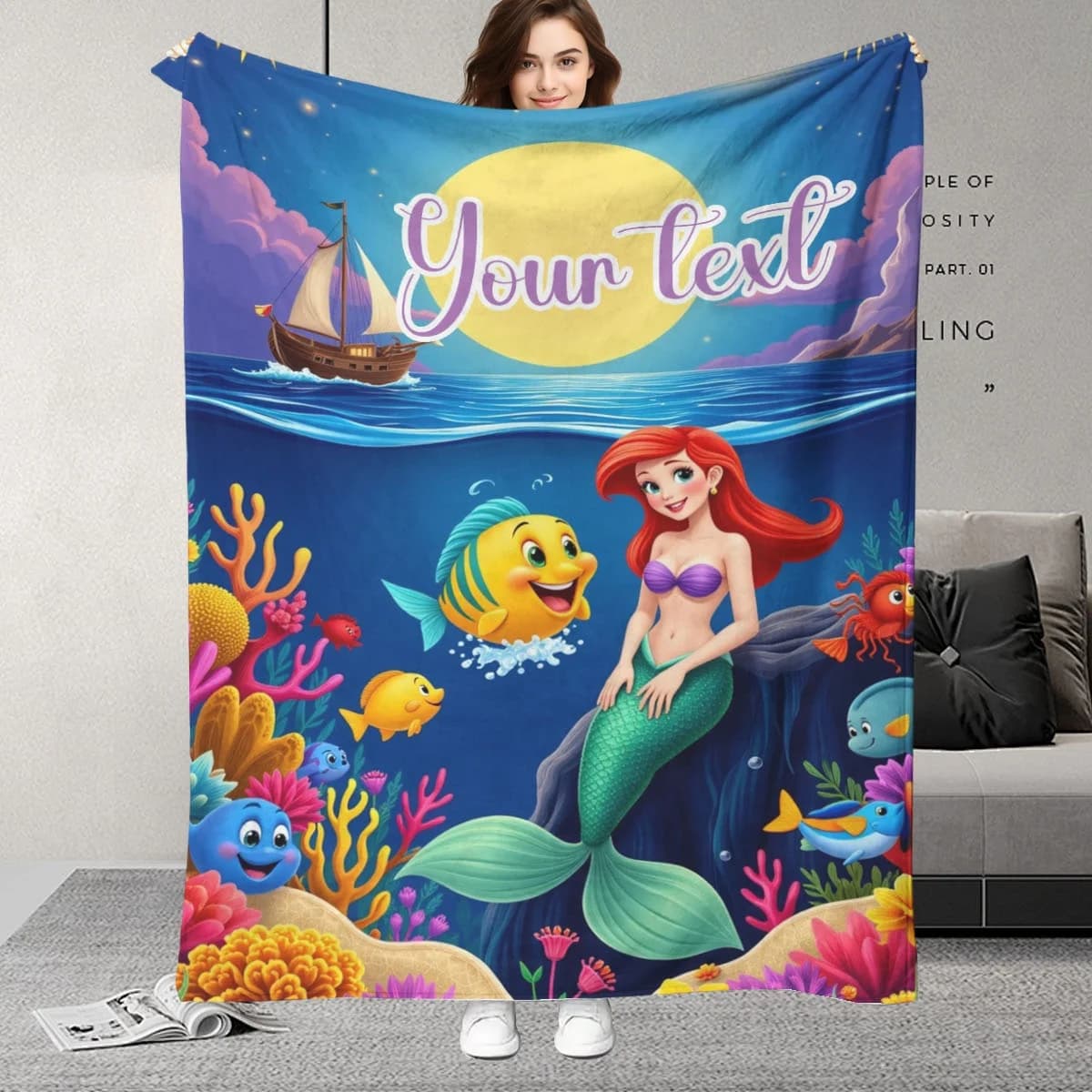 Custom Name Mermaid And Ocean Fantasy Print Blanket - Perfect Children’s Day Gift, Soft And Warm for Home Office Travel Camping