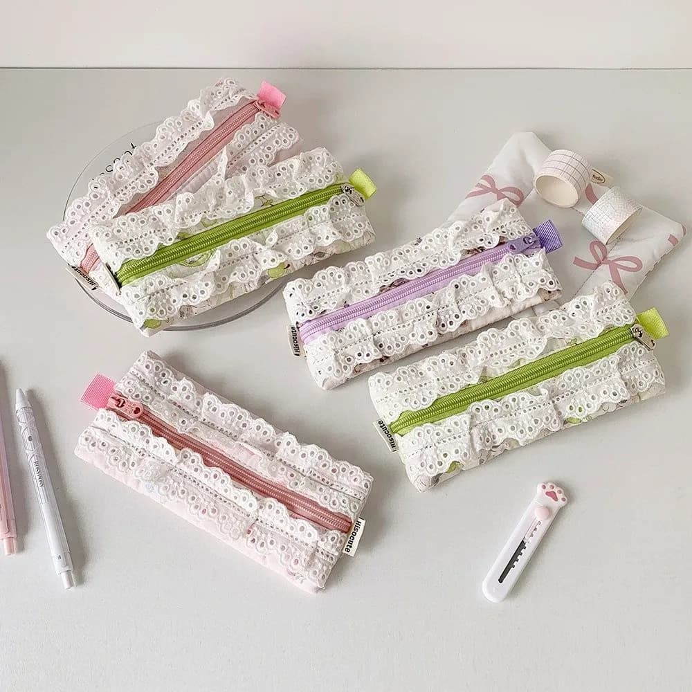 Bowknot Bow Stationery Bag Desktop Storage Large Capacity Korean Style Pencil Case Pink/Purple Sweet Lace Bow Pencil Pouch