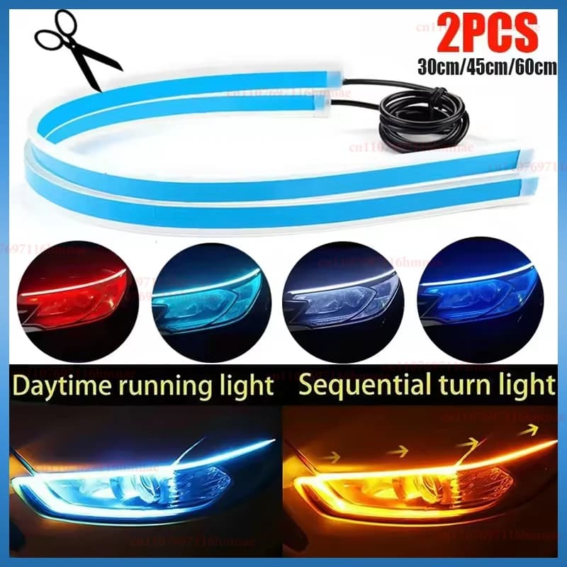 2 pezzi LED per auto DRL luce di marcia diurna flessibile striscia impermeabile 12V fari automatici indicatori di direzione bianchi luci di flusso freno gialle