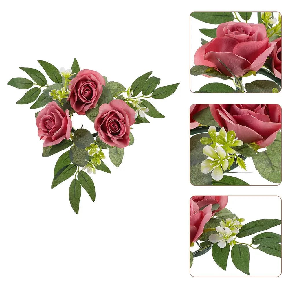 2Pcs Artificial Rose Ring Wreath Realistic Floral Tea Light Holder for Wedding Party Decoration Photo Prop Table