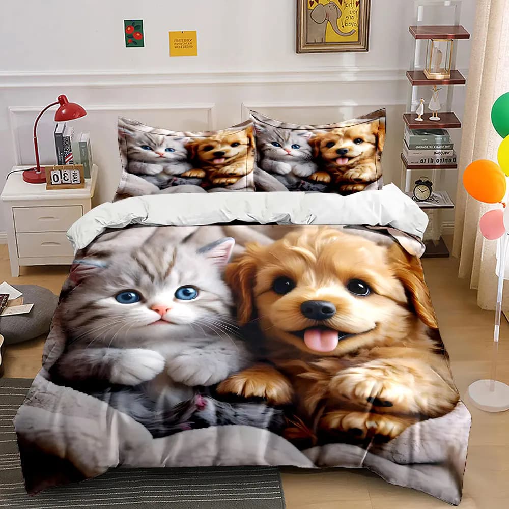 Gattino carino su morbida coperta Set di biancheria da letto con stampa su copripiumino morbido e confortevole, include 1 copripiumino e 2 federe. Regali di lusso.
