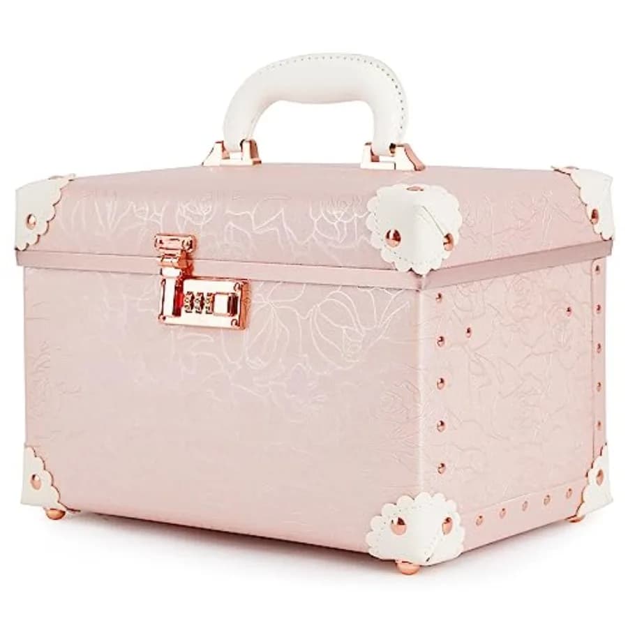 Vintage Trick Trick urecity in Pink Gold Artificial Leather, Professional Cosmetic Box with Metal Combination Lock