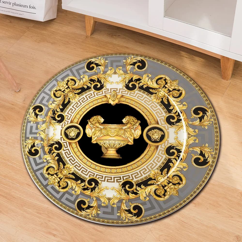 Luxury Baroque Round Rug Gold Black Greek Key Pattern Vintage Style Living Room Floor Carpet