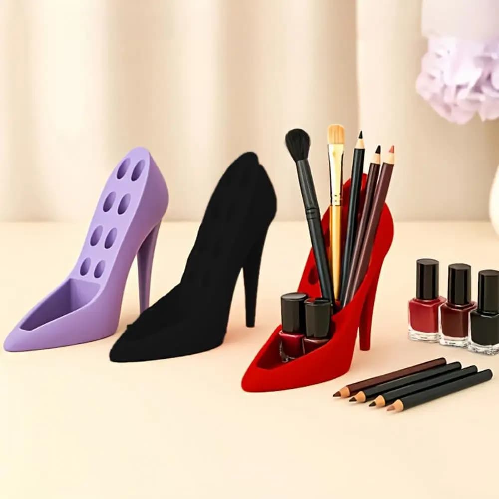 Supporto per Pennelli da Trucco a Forma di Scarpa con Tacco Alto, Organizzatore 3D per Pennelli Cosmetici, Matite per Sopracciglia e Rossetti