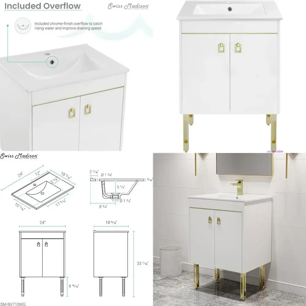Mobile da Bagno Bianco e Oro 24 Pollici con Specchio Illuminato