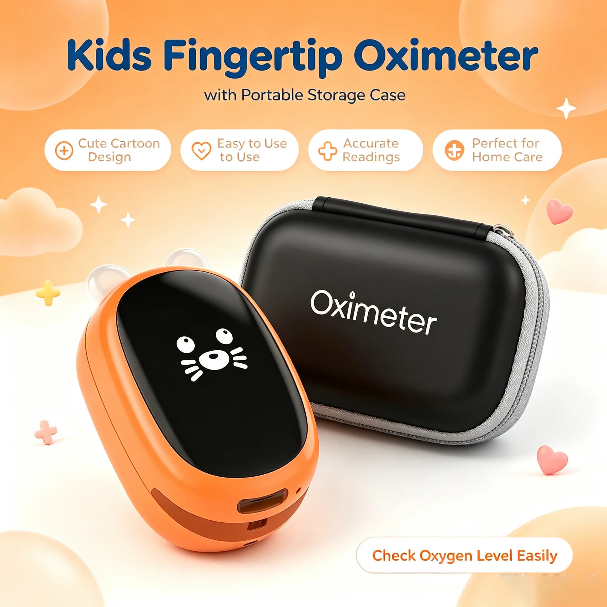 AiQUE Recharge Kids Cartoon Pulse Oximeter Portable Finger SpO2 Blood Oxygen Saturation Monitor with Storage Bag Household