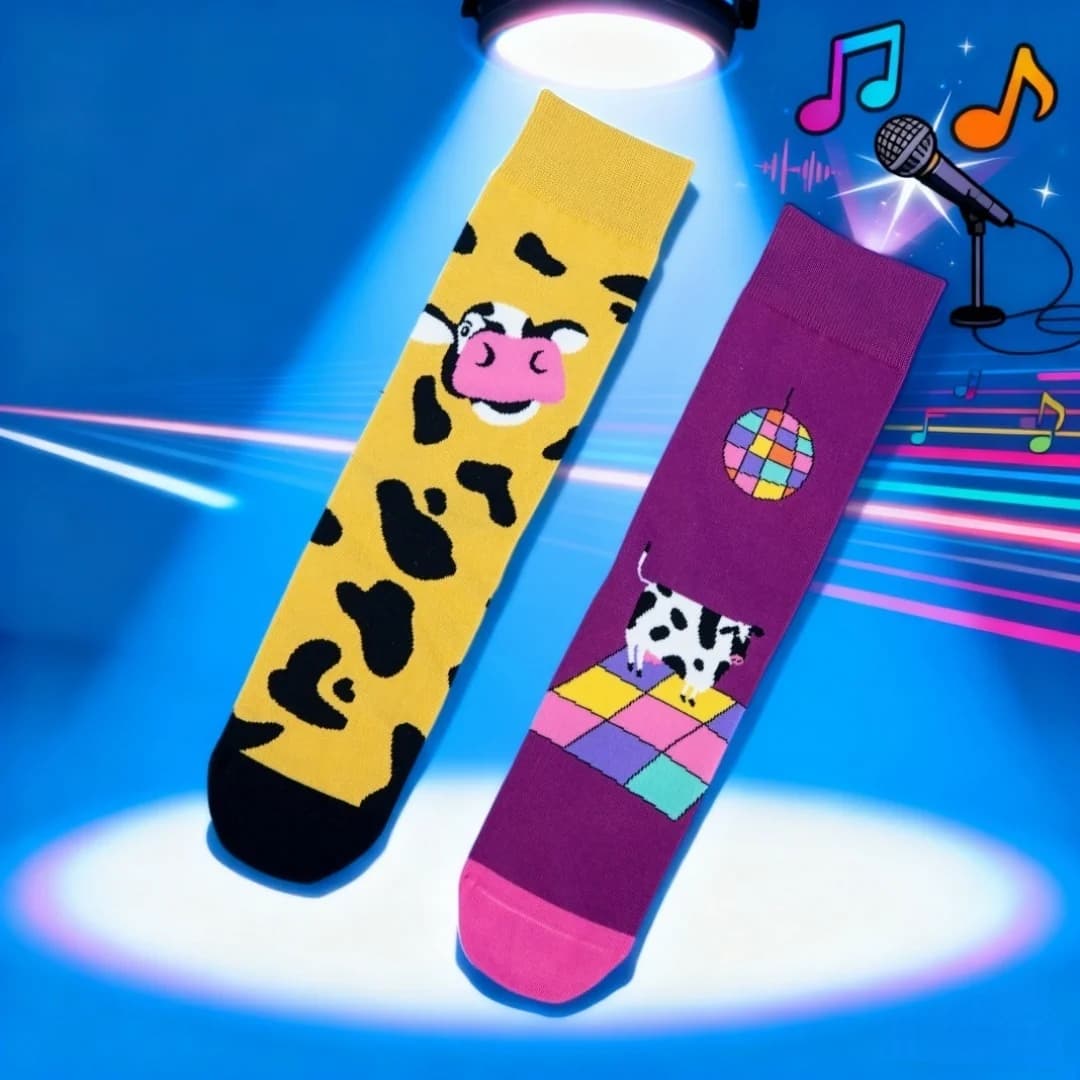 1 paio di calzini divertenti a tema mucca da discoteca, design pronto per le feste, moda alla moda, adatti a tutte le stagioni per unisex