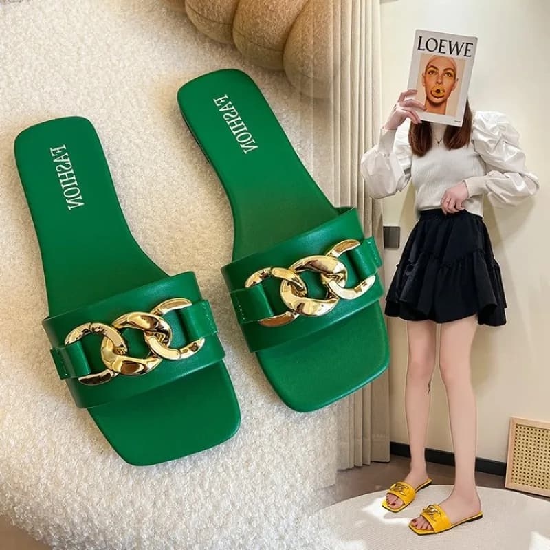 Sandali da donna taglie forti estivi nuovi con punta quadrata, catena in metallo, suola morbida antiscivolo, scarpe basse