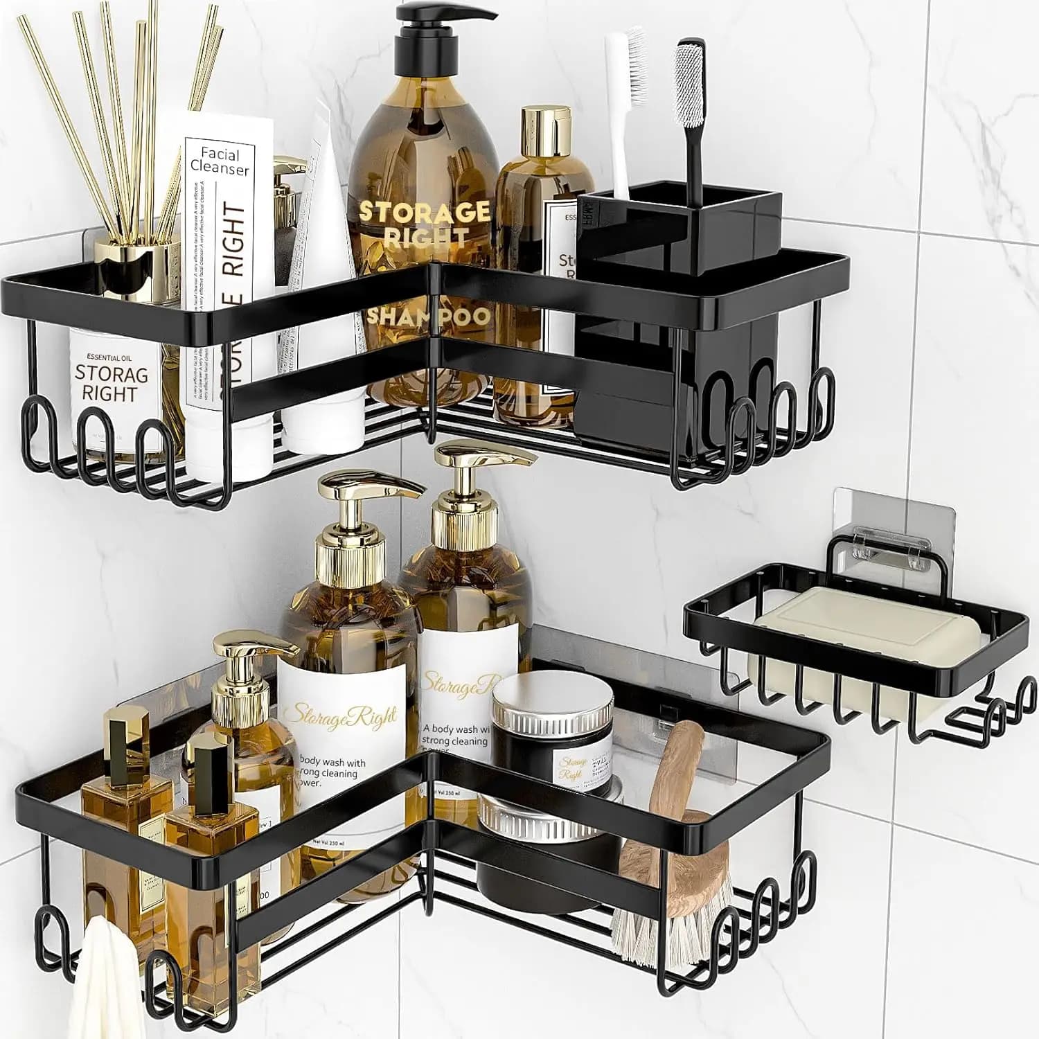 Set of 3 shelves Shower Wall decal with soap dish, Stainless Steel Bath Organizer Without Drilling