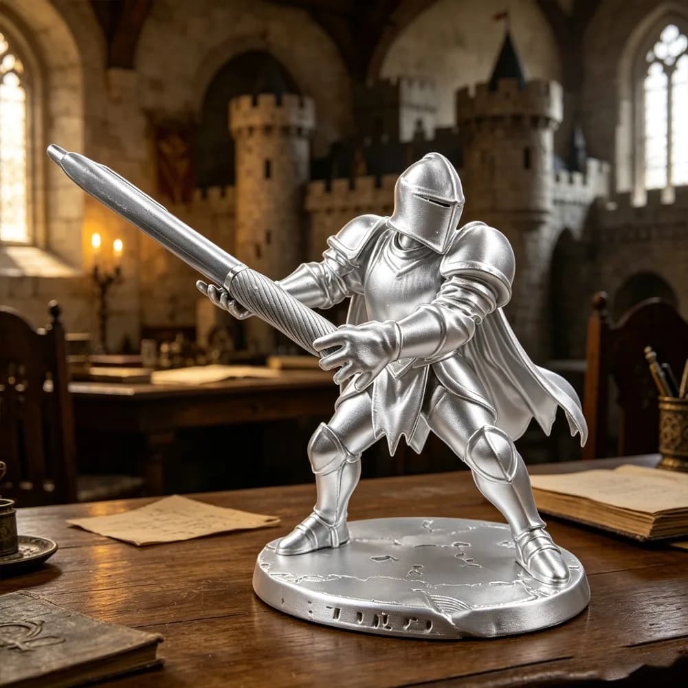 Medieval Silver Knight Pen Holder Base Retro Pencil Stand Stationery Desktop Storage Rack 3D Printed Apple Pen Ornament Decor