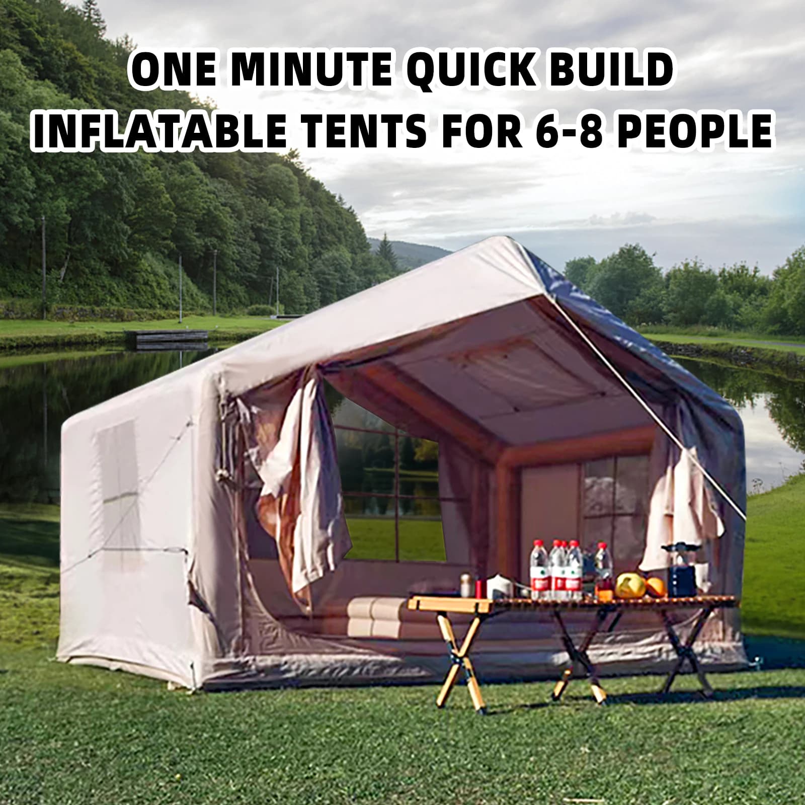 Inflatable Tent for 6-8 persons for camping, easy installation inflatable tent with stove socket, portable waterproof air curtain for parties