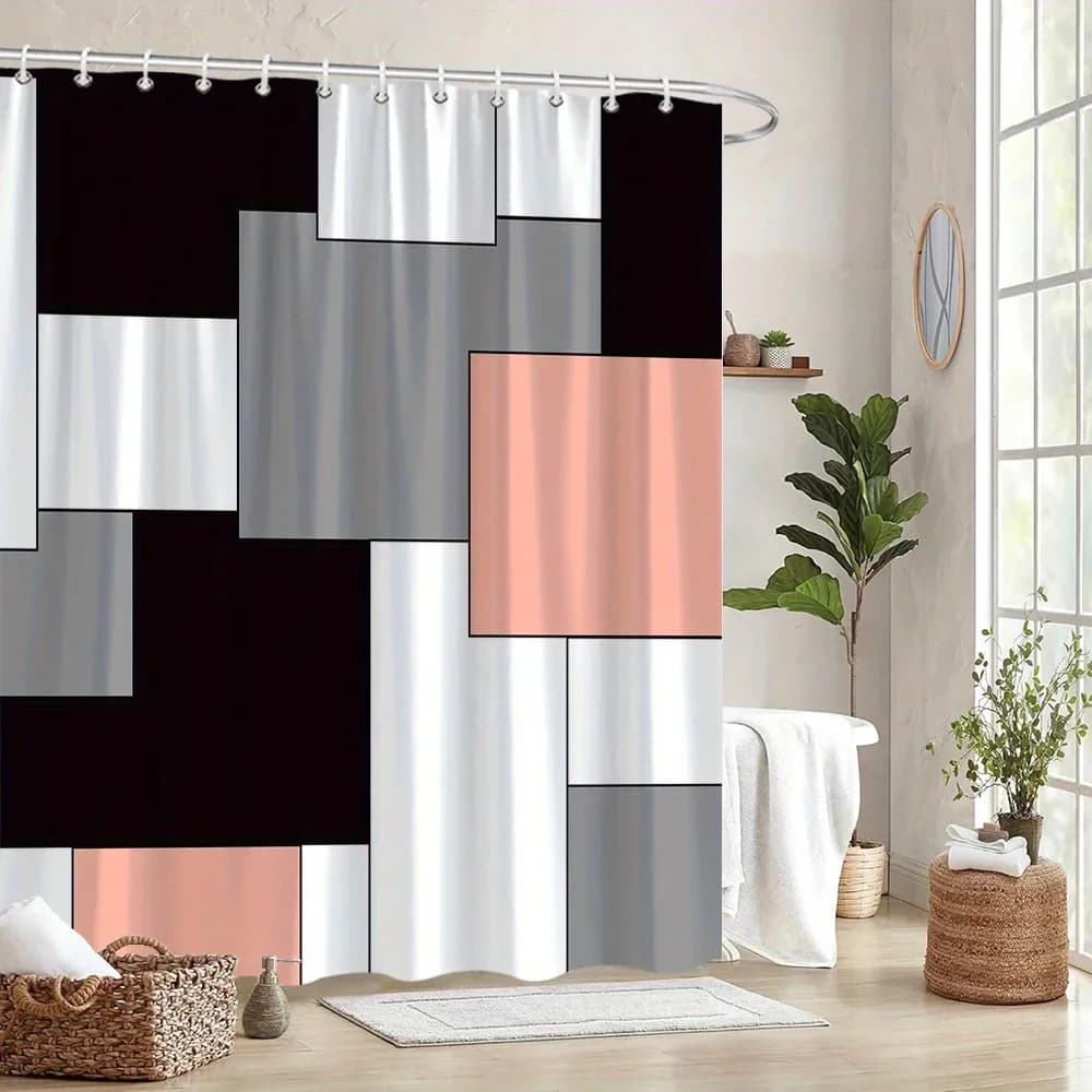 Tenda da doccia moderna con quadrati astratti geometrici da 1 pezzo - Nero, bianco, grigio e pesca, lavabile in lavatrice, arredamento da bagno contemporaneo