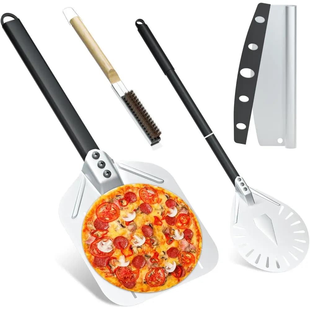 Accessori per forno per pizza da 4 pezzi, buccia per pizza perforata da 12 pollici, buccia girevole rotonda da 9 pollici, spazzola per la pulizia della pietra della pizza con raschietto,