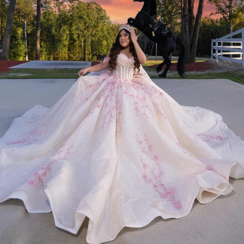 Glitter Beige Ball Gown Quinceanera Dresses Birthday Party Dress Applique Lace Beads Crystal Tull Vestidos De 15 Anos Sweet 16 D