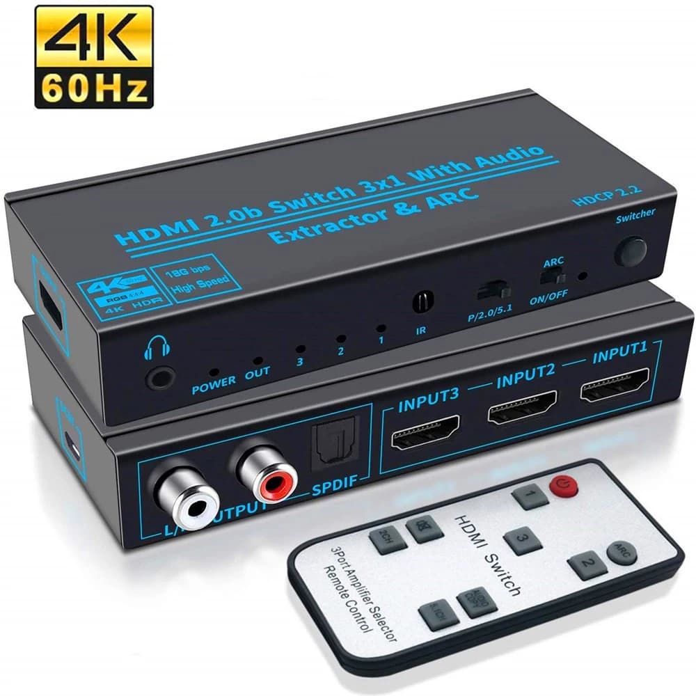 Estrattore audio switch compatibile HDMI 4K @ 60Hz ARC Toslink SPDIF Convertitore switcher 3x1 compatibile HDMI per laptop PS4/5 Xbox TV