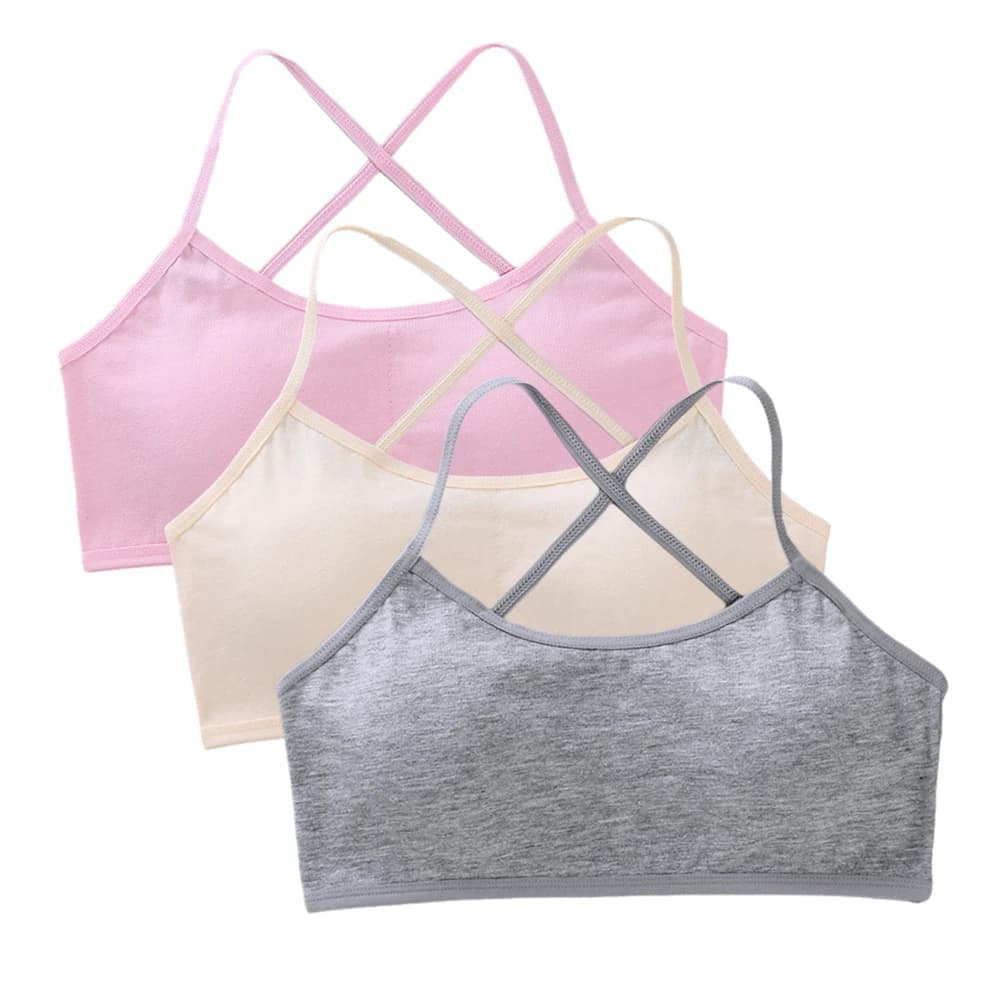 Confezione da 3 reggiseni da allenamento con incrocio sul retro solido per ragazze 8-14 canottiere imbottite in cotone Preeteen Teen Reggiseni da allenamento per lo sviluppo dei bambini