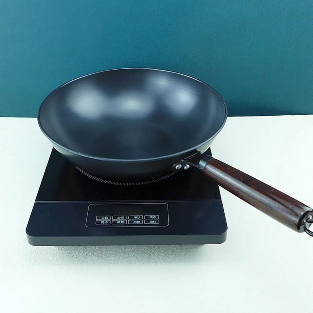 Wok in Ghisa Resistente per Cucina Domestica, Padella Antiaderente a Fondo Rotondo Compatibile con Fornelli a Gas, Elettrici, Grill e Stufe a Legna