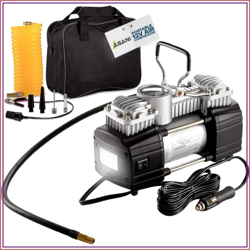150 PSI Heavy-Duty Double Cylinder Tire Inflator - Portable 12V Air Compressor with LED Light for SUVs, Trucks, Bikes