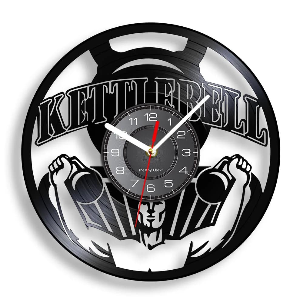 Orologio da Parete in Vinile con Grafica Kettlebell per Palestra, Centro Fitness, Arredamento Casa, Sollevamento Pesi