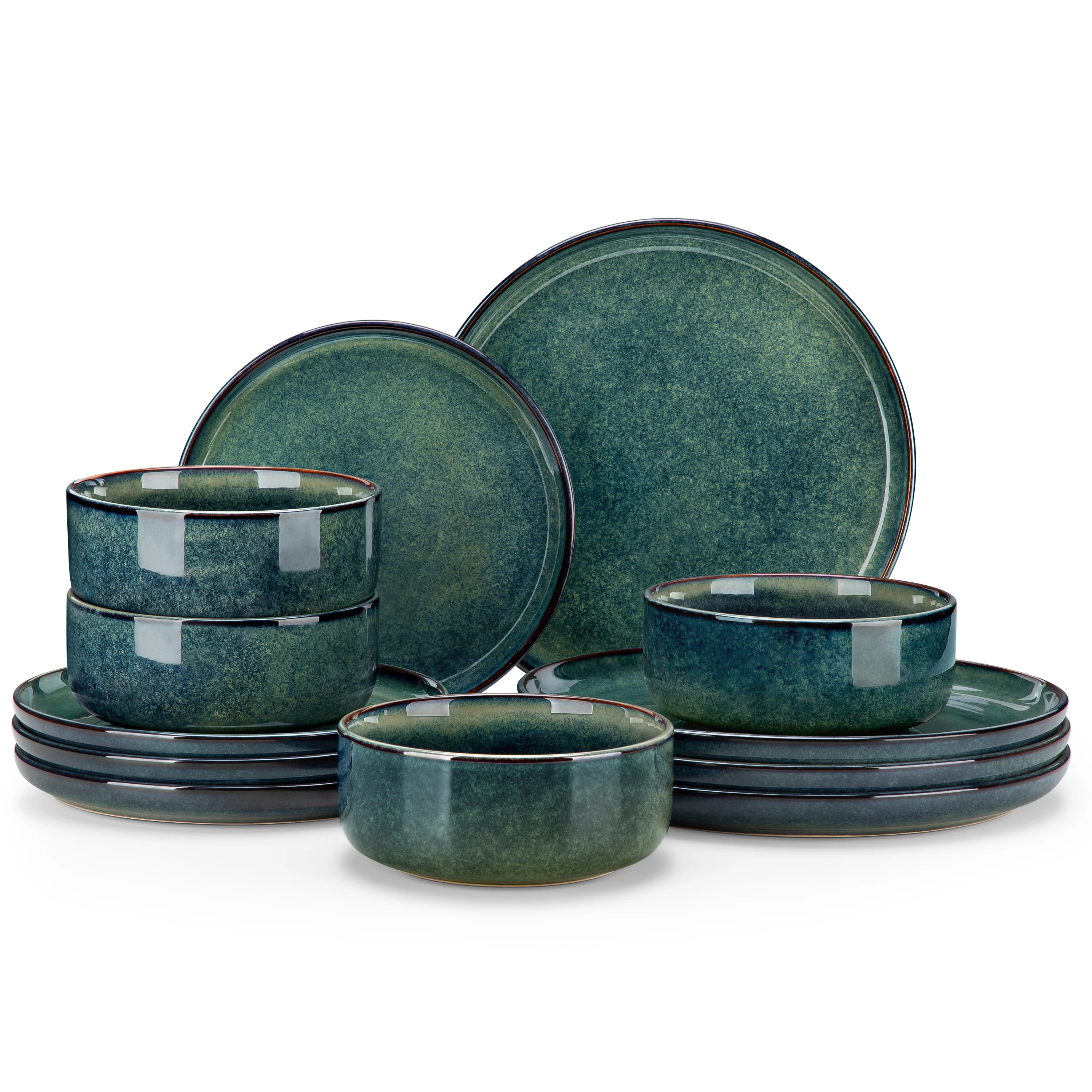 Vancasso Set di stoviglie con smalto reattivo verde da 12/18 pezzi Set di gres resistenti ai graffi con piatto da pranzo/dessert/cucina da 4/6 pezzi