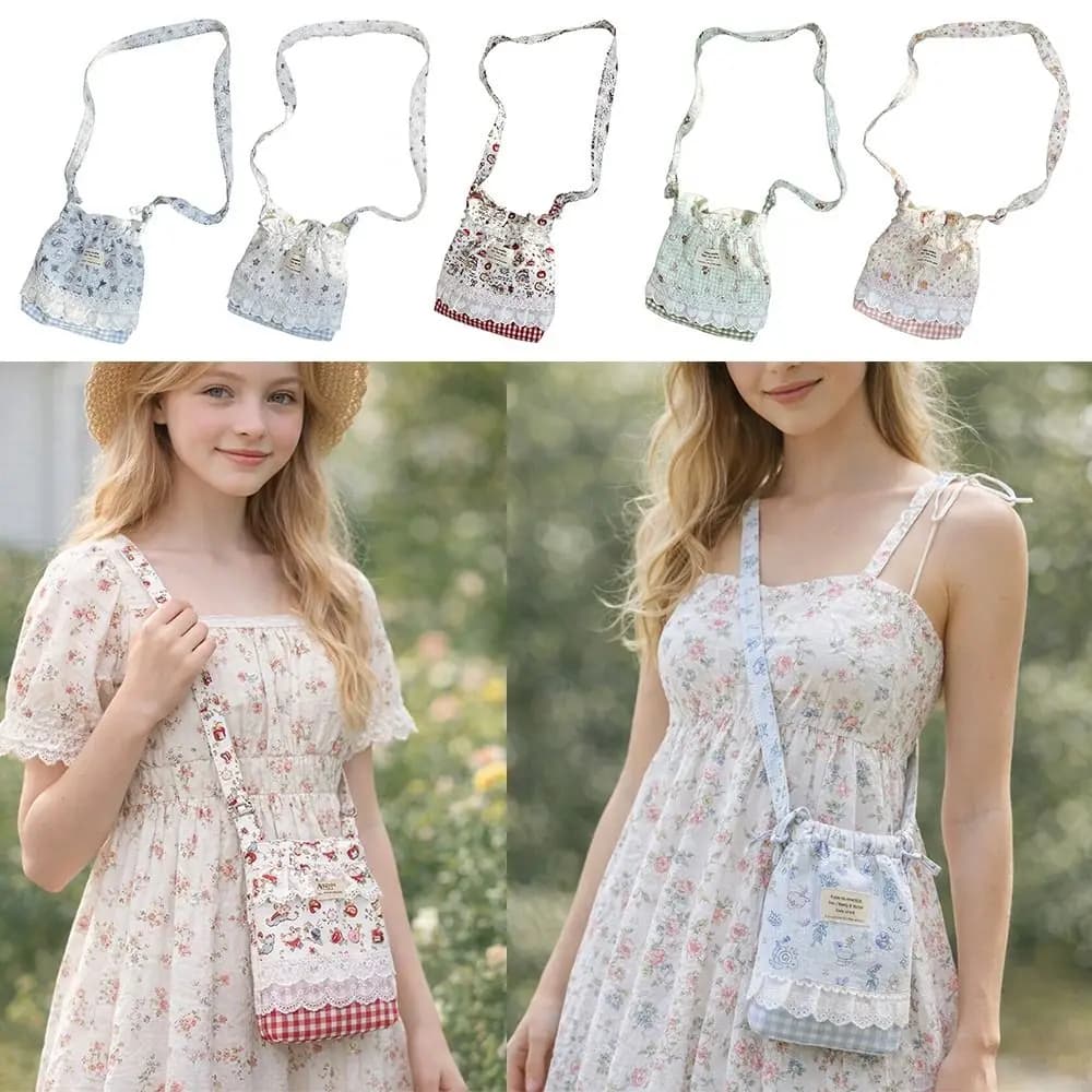 Floral Plaid Lace Shoulder Bags Multicolor Large Capacity Drawstring Shoulder Bags Cartoon Pattern Long Belt Crossbody Bag