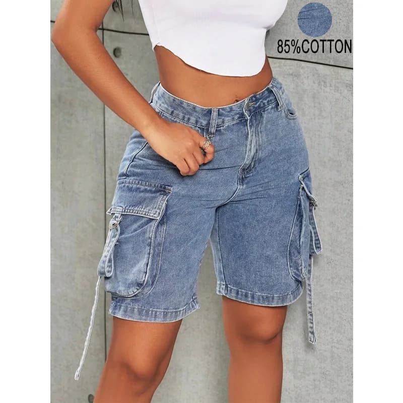 2026 Military Green Flap Pocket Strap Detail Cargo Bermuda Wide Leg Jeans Shorts Casual Summer