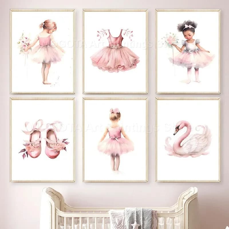 (No frame)Ballerina Girl Dress Shoes Flower Swan Crown Pink Posters And Prints Nursery Wall Art Canvas Painting Pictures Kids