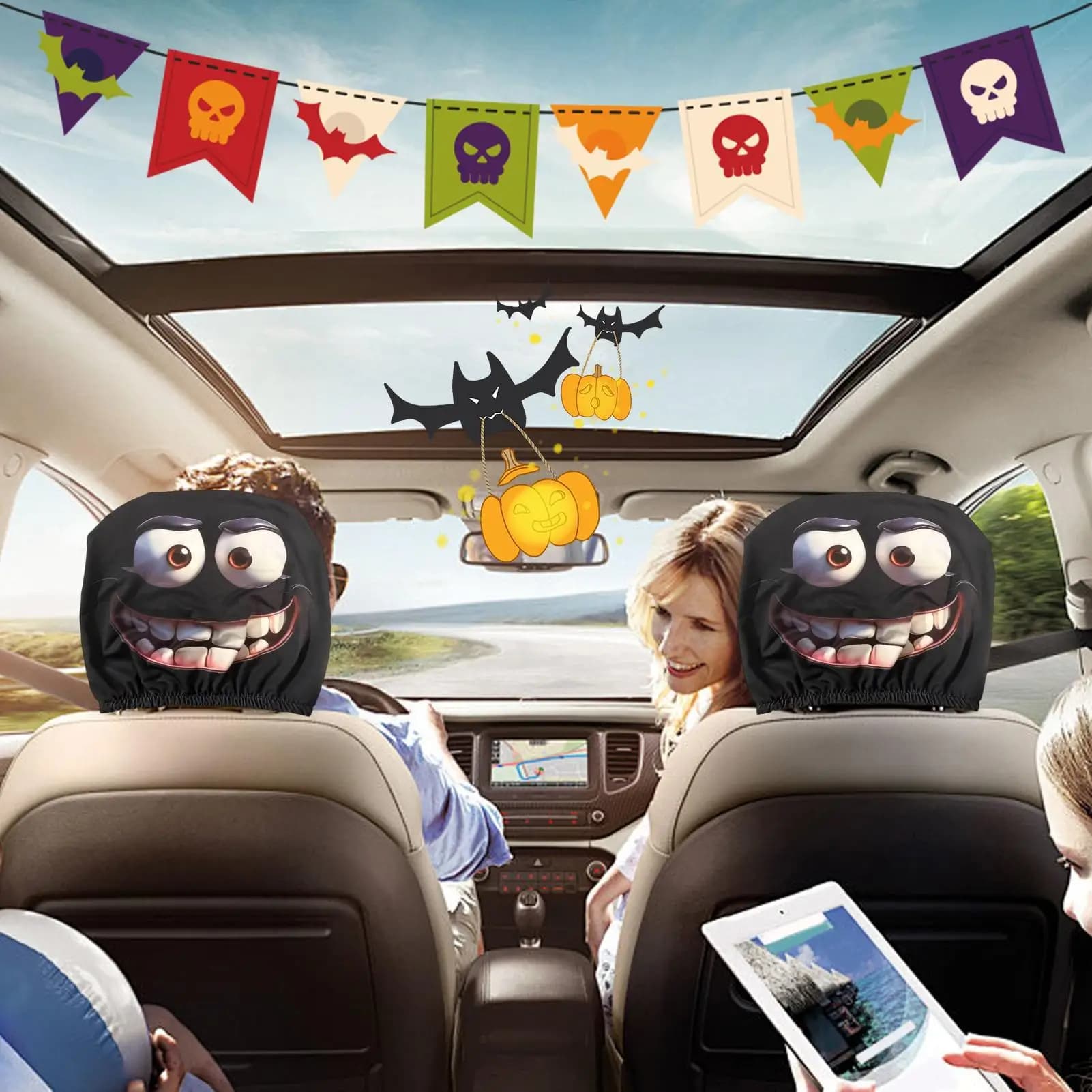 Car Seat Head Cover Full Elastic Breathable Funny Cosplay Headrest Covers for Indoor Car Seats Halloween Decoration