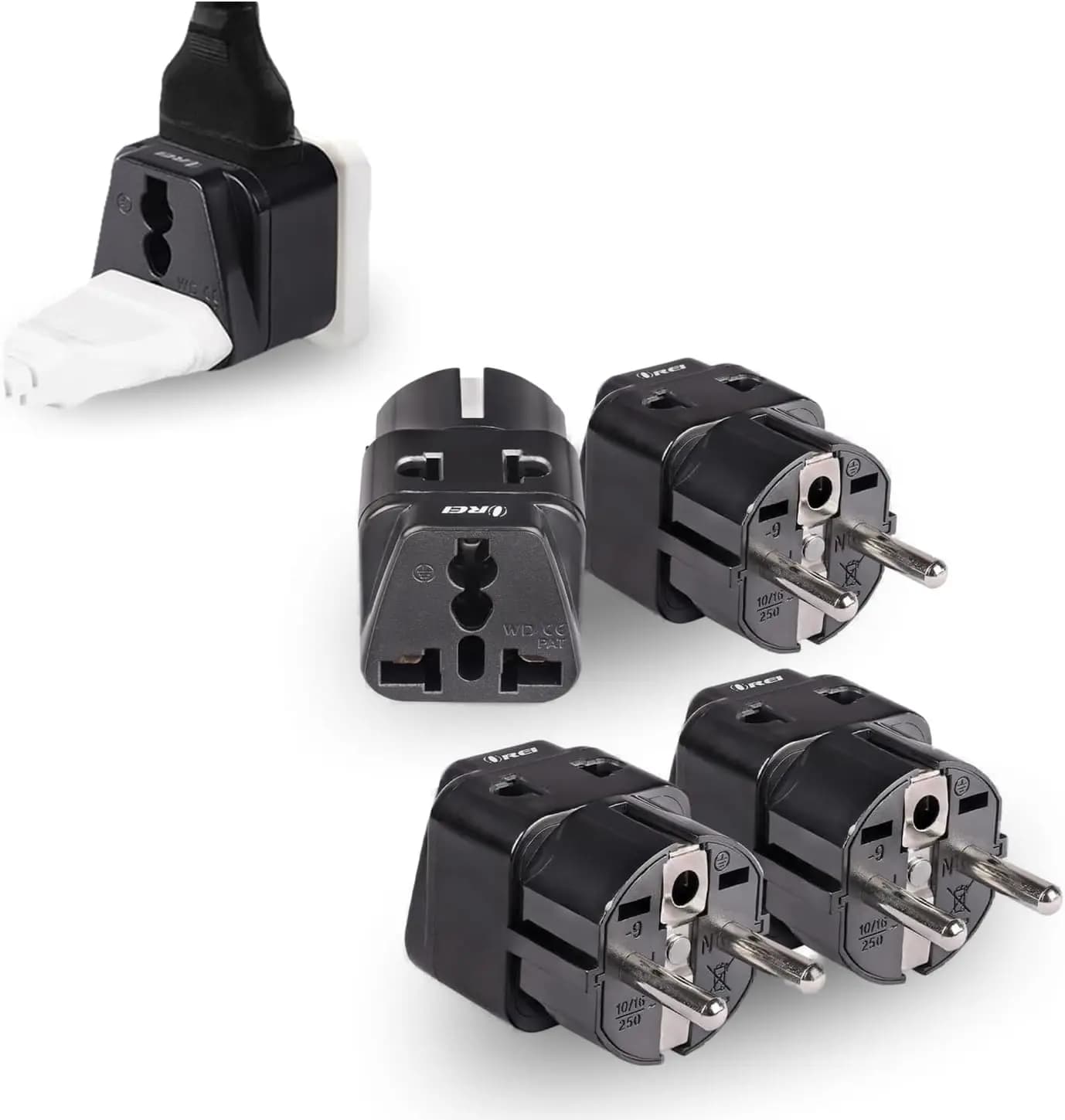European Travel Plug Adapter 2-in-1, Universal Socket, Grounded, for Germany France Spain Greece Russia, 4 Pack