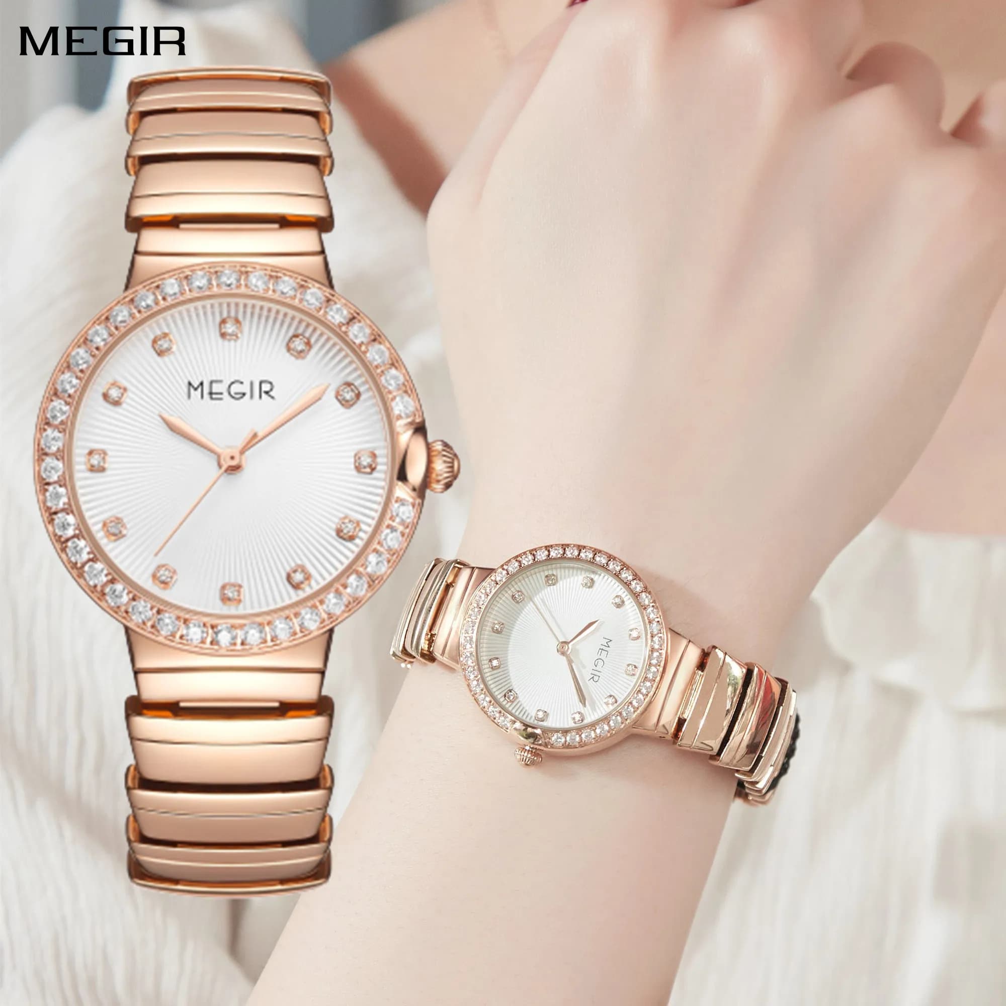 MEGIR Stainless Steel Strap Women's Fashion Wrist Watch Quartz Dial With Diamonds Women's Watch Reloj Hombre 7010