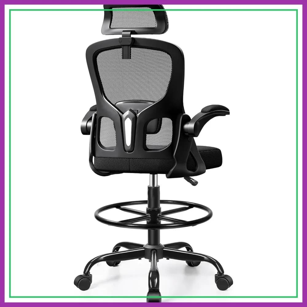 Sedia Ergonomica da Disegno per Scrivania Regolabile in Altezza, Sedia da Ufficio Alta con Poggiatesta, Supporto Lombare, Poggiapiedi, Braccioli Ribaltabili, Nera