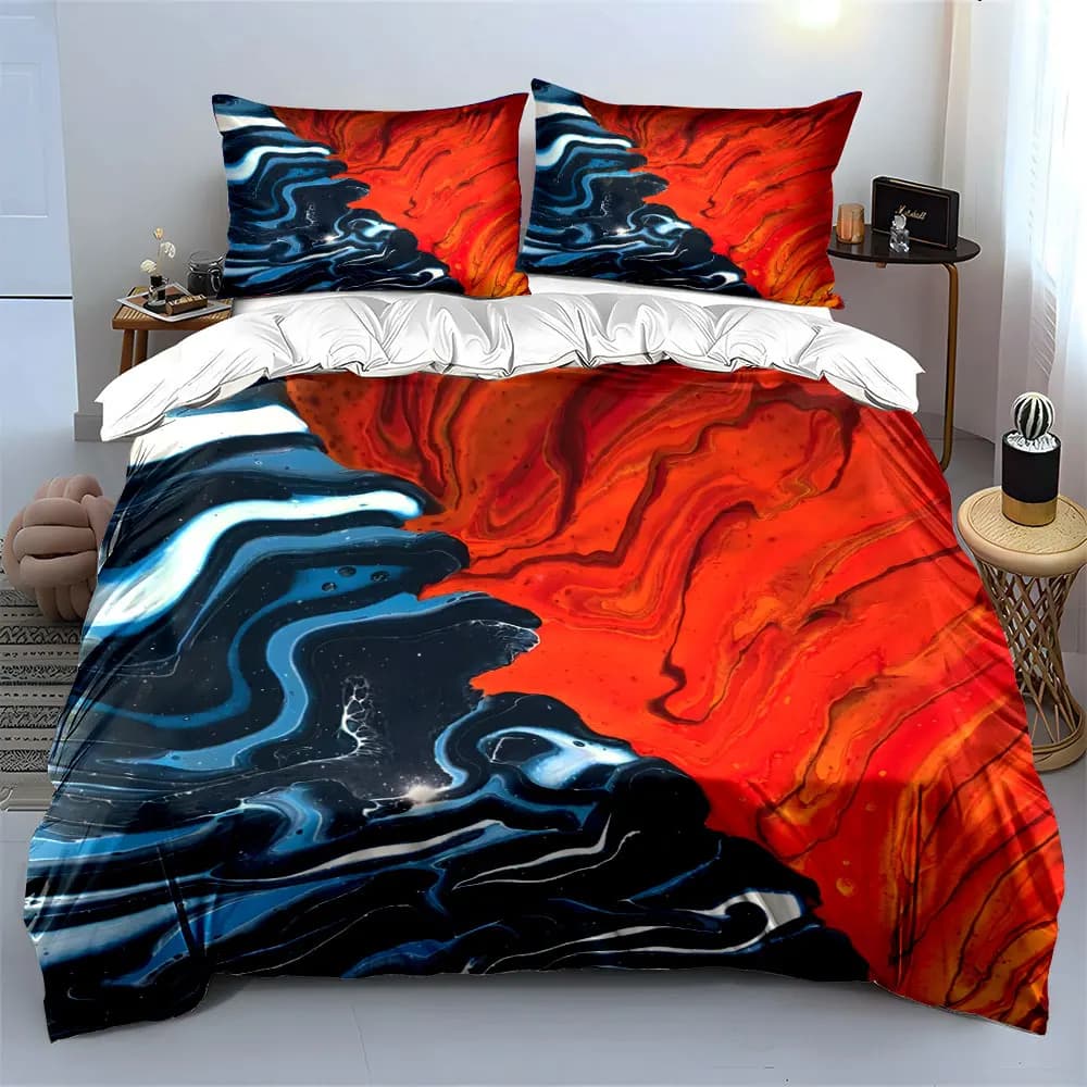 Set di biancheria da letto con stampa astratta fuoco e acqua, 3 pezzi, copripiumino rosso e blu + 2 federe, decorazione audace
