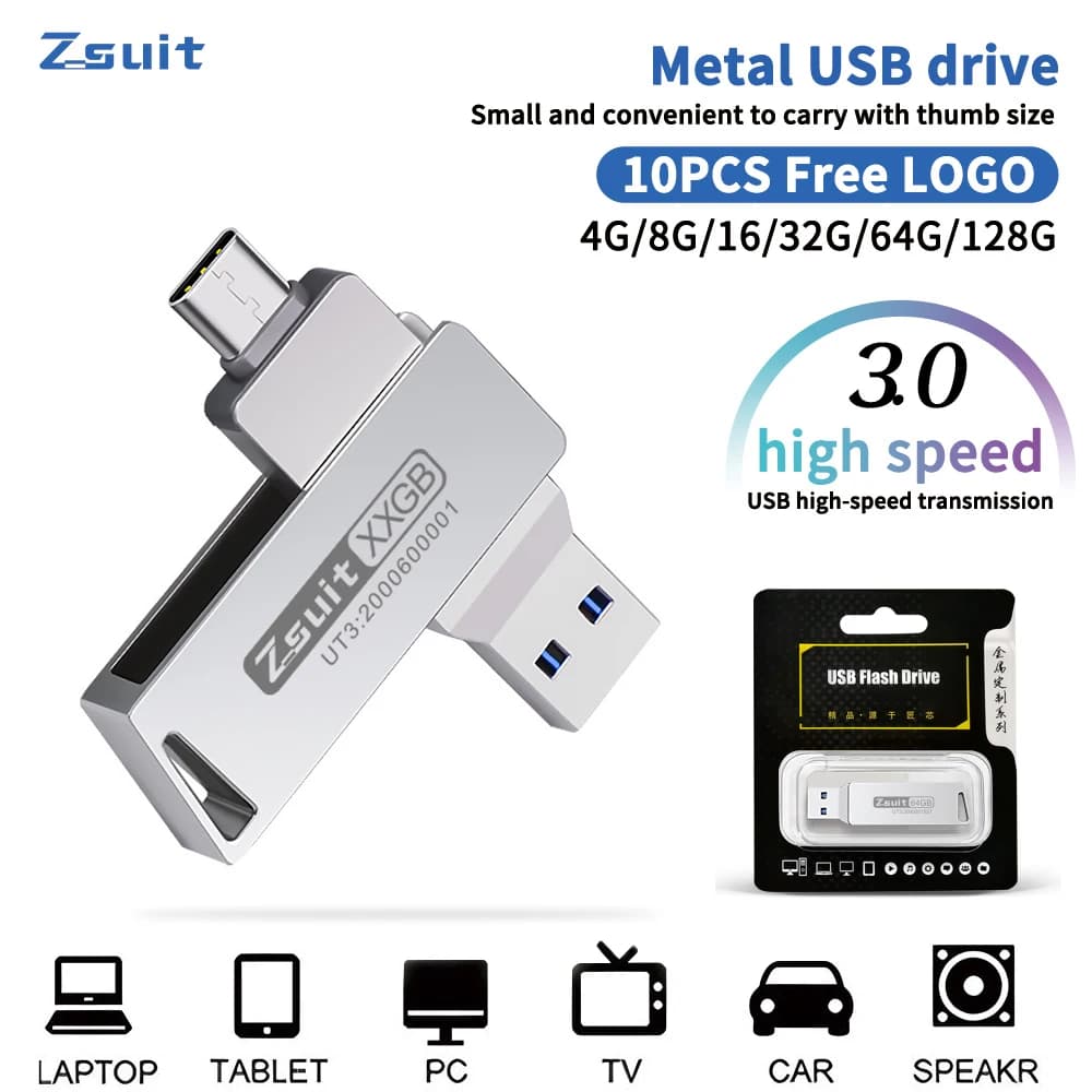 Zsuit 10 pz/lotto OTG 32G USB Flash Drive Metallo Memory Stick USB 3.0 Flash Drive 64G 128G 32GB Doppio C Disco c USB Flash Drive Fr