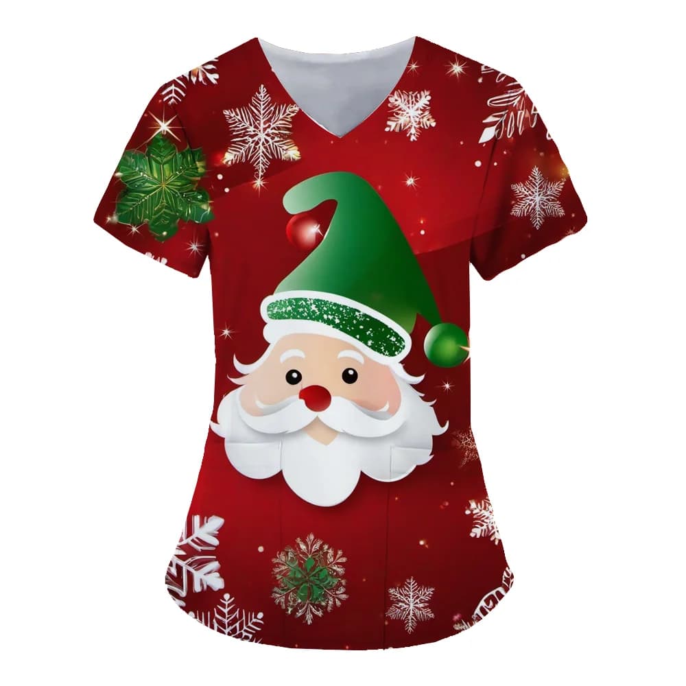 Merry Christmas Work Uniform Short Sleeve V Neck Santa Claus Snowflake Cartoon Pattern Top Christmas Fashion Casual