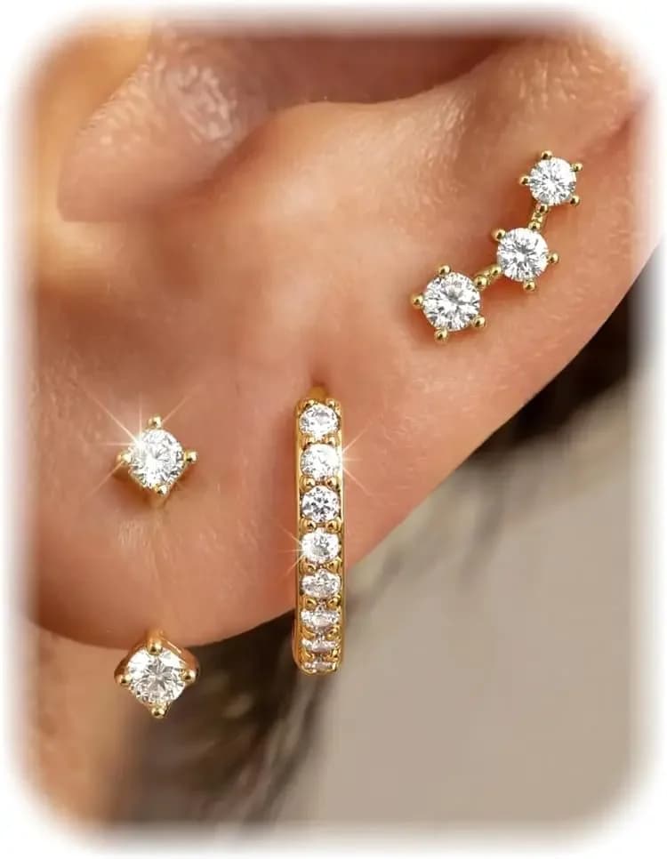 FIASASO 3 Pairs Hypoallergenic Earrings for Women Trendy - 14K Gold Plated Stud Hoop Cartilage Earrings Set Small Earring Stacks for Sensitive Ears Non Tarnish Dainty Silver Earring