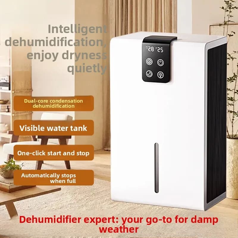 Deumidificatore domestico, deumidificatore compatto, funzionamento silenzioso, deumidificatore per seminterrato, deumidificatore per interni.